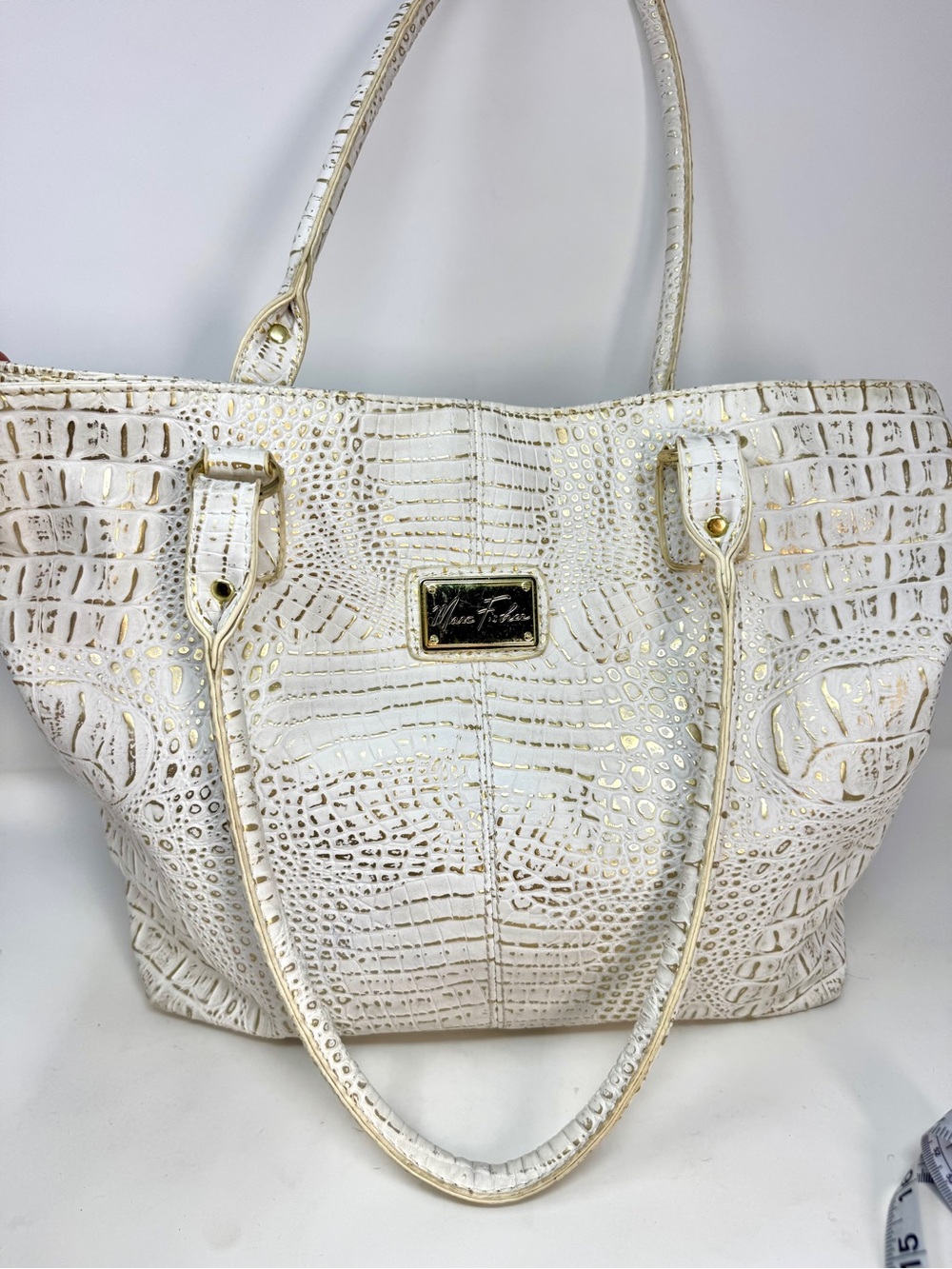 Marc Fisher White & Metallic Gold Croc Embossed East West Tote Bag - Excellent